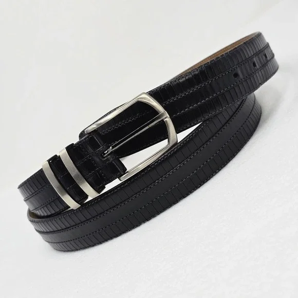 Mezlan Mens Belt Sz 48 Black Leather 8700/35 Brushed Silver Spain Big & Tall - Picture 2 of 16